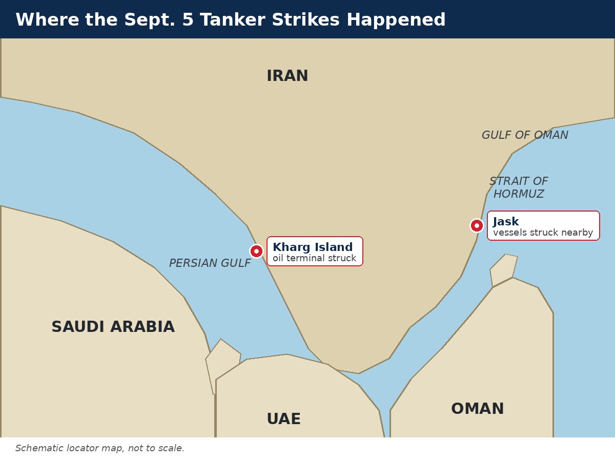 Schematic locator map showing Kharg Island and Jask, Iran